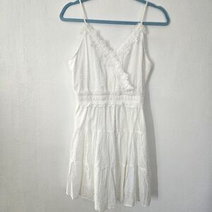 MINE White‎ Eyelet Lace Trim Tiered Sundress Women's Size S V-Neck Mini Boho